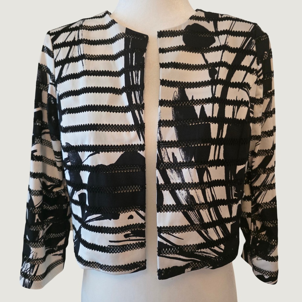 Jessica Howard Cropped Jacket Blazer Black White Whimsygoth Floral Mesh Lace